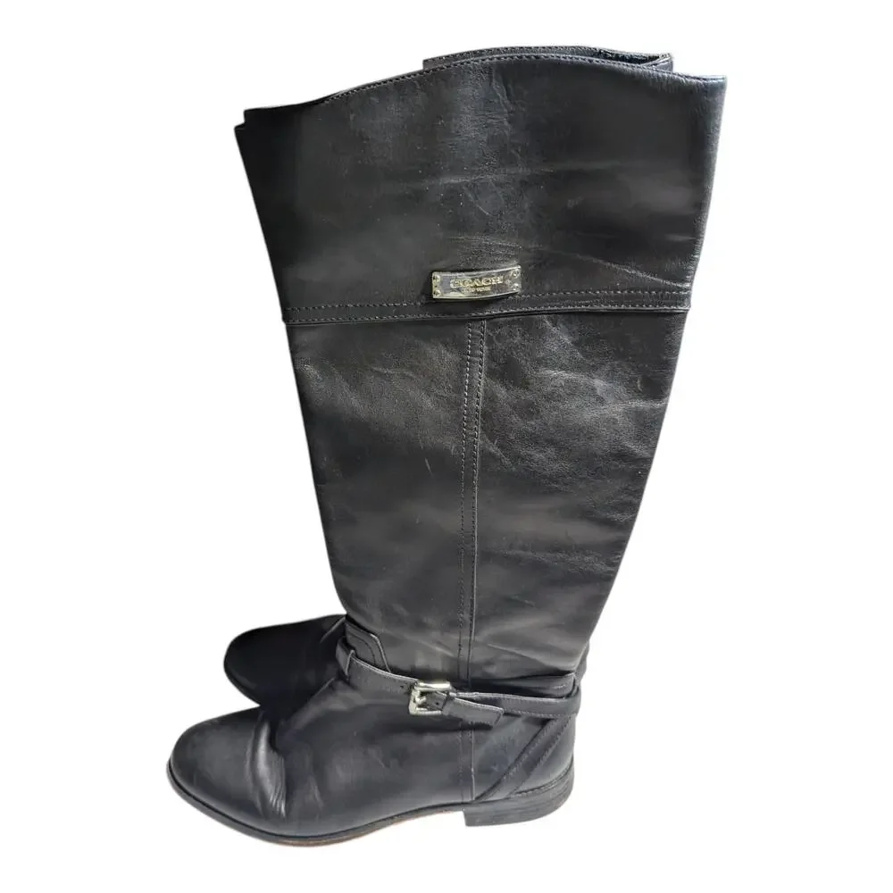 Coach Micha Black Leather Knee High Flat Sole Equestrian Riding Boots Sz 9